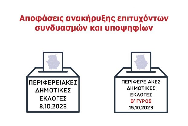 Αποφάσεις ανακήρυξης επιτυχόντων συνδυασμών και υποψηφίων αυτοδιοικητικών εκλογών της 8ης και 15ης Οκτωβρίου 2023